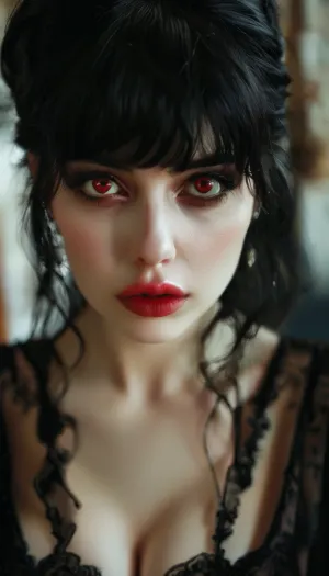 gothic, goth, pale skin, dark black-red eyes, black hair, bangs hair, black eyeliner, (black lipstick), white skin, perfect eyes, small eyes, detailed eyes, small nose, good anatomy, ultra detailed, high resolution, fake breasts, slut face, whore, (ahegao:1), sexy posing, (illustration:1), (hand drawn:1), (anime:1), <lora:style_lora_realis:1>