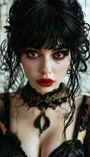 gothic, goth, pale skin, dark black-red eyes, black hair, bangs hair, black eyeliner, (black lipstick), white skin, perfect eyes, small eyes, detailed eyes, small nose, good anatomy, ultra detailed, high resolution, fake breasts, slut face, whore, (ahegao:1), sexy posing, (illustration:1), (hand drawn:1), (anime:1), <lora:style_lora_realis:1>