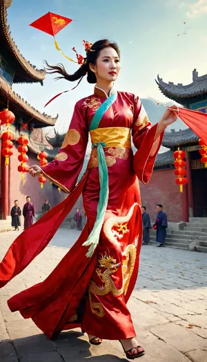 Ancient China of the Ming era, a beautiful young Chinese woman running along a festively decorated city street, ((flies flying a kite made in the form of a Chinese dragon)), ((traditional Chinese dress opened on the chest, breast half nude)), around a lot of plum blossoms, super detailed background, high definition, UHD quality