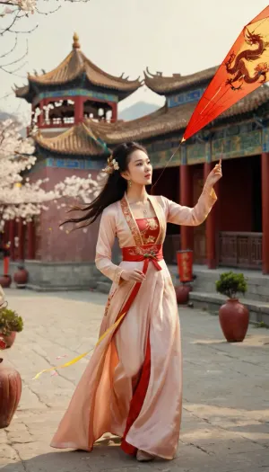 Ancient China of the Ming era, a beautiful young Chinese woman running along a festively decorated city street, ((flies big flying a kite made in the form of a Chinese dragon)), ((traditional Chinese dress opened on the chest, breast half nude)), around a lot of plum blossoms, super detailed background, high definition, UHD quality, szhf, dress, <lora:szhf:.4>
