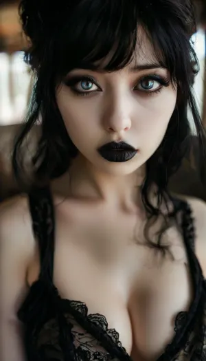 gothic, goth, (asian), pale skin, dark black eyes, black hair, bangs hair, black eyeliner, (black lipstick), white skin, perfect eyes, small eyes, detailed eyes, small nose, good anatomy, ultra detailed, high resolution, fake breasts, slut face, whore, (ahegao:1), sexy posing, <lora:style_lora_realis:1>