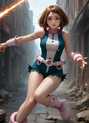 (Ochaco Uraraka from My Hero Academia is wearing her Uravity costume:1.4), she is in a recently damaged part of the city, (she is looking directly at me:1.4), (her head and arms and torso and legs are all in the image:1.4), (her facial expression is confident, her stance is ready for action:1.3), maximum detail, (her costume is very very extremely ripped and torn and damaged:1.3)