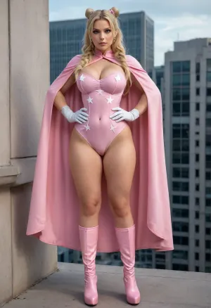 Full body, Star Bimbo, extremely large breasts, extremely large ass, extremely large hips, extremely thin waist, extreme hourglass figure, top heavy, bottom heavy, front heavy, back heavy, bimbo body, athletic, strong, muscular, light long blonde hair in pigtails, pale skin, light makeup, light blue eyes, super heroine, short pastel pink dress with deep cleavage, pastel pink cape with white stars at the bottom, sleeved pastel pink gloves, knee high pastel pink heeled boots, pastel pink eye mask, on top of a building