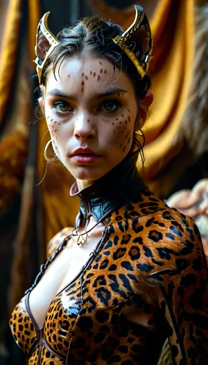 masterpiece, fit vascular, Antropomórfico, (panther), skin panther, full motled, olhando pro lado, mulher orc humanoide, cor de pele humana, pele realista, ultra realismo, alta definição, fundo solido, skinny, (wearing torn very tightly fitted clothes:.4), (intense possessed eyes), eyeliner, veiny legs, (intense veins all over her body:.5), (black detailed vein texture:.7), (transforming into a anorexic furry panther:.6), (infected bulging black veins:.7), (intense detailed pussy texture:1.1), (sharp claws on her hands:1.03), Her intense gaze and poised stance add a daring, modern twist to the traditional drape, creating a striking and edgy aesthetic, subtly softening the bold composition, View her back side, Cinematic and luxurious, view alutrawide angle, wide angle, (angry, fighting with viewer), full extra wide angle, full view, 4k details, extra detail, pointed ears, (full body view:1), wanapi, fur, all, fours, arching4s, <lora:wanapi:.5>, <lora:MJ52:.9>, <lora:arching4s:.8>