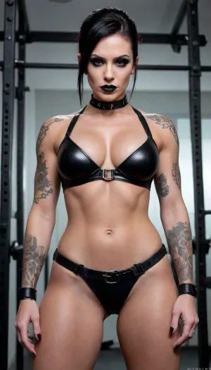full body shot, a belt is wrapped around her chest over her breasts as a makeshift bra, gorgeous, athletic, goth girl, bodybuilder physique, hairy pussy, extremely horny expression, tattoos all over, extremely muscular, extreme muscle definition, massive breasts, breast sag, dominant, showing off her body, perfect beautiful face, fit athletic body, huge muscular legs, extremely toned abs, wide shoulders, heavy goth makeup, black lipstick, looking at viewer hungrily, lustful eyes, choker, full body