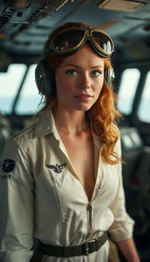 US Navy Aircraft Carrier, sexy ginger Pilot exiting the cockpit of fight-jet, naval pilot jumpsuit, unbuttoned, (((cleavage:1.5))), tanned, sexy smile, <lora:add-detail-xl:.8>, <lora:MJ52:.8>