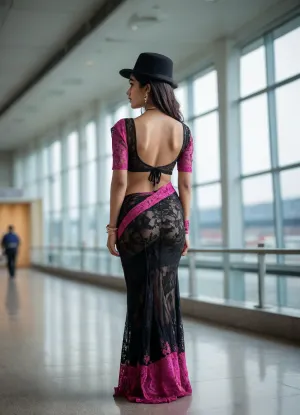 “
A young indian woman with long dark hair standing in a modern indoor setting, possibly an airport or train station, with a glass structure and seating area in the background. She is wearing a sheer black lace sari with intricate patterns and a matching black hat, with a pink bangles being pulled off over her head, revealing her back. She is also wearing sheer black tights, and the scene appears to be captured in a candid moment., views her back side, looking forward" Cinematic and luxurious, view alutrawide angle, wide angle, full extra wide angle, full portrait, 4k details, extra detail, soft hands, sober face
