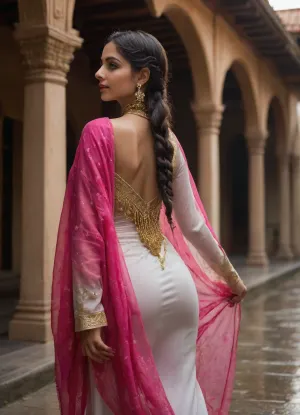 “A beautiful Pakistani woman dressed sexy black transparent hijab and a hot wet red kurta, flowing white outfit with bold pink patterns transparent, ((not wearing indide)), standing in a sun-kissed Pakistani slams with classic poor architecture in the background. Her attire drapes gently around her curves, ((big glossy butt)), ((nig shinning Ass), and a sheer scarf partially covers her head, adding an element of mystery. Her long braid, adorned with golden jewelry and tassels, wet, rainfall, gracefully down her back. She glances over her shoulder with a teasing smile, capturing a moment of quiet confidence and allure. The lighting creates soft highlights on her skin and fabric, evoking a sensual, dreamy mood. The scene blends cultural elegance with subtle romantic energy in a modern outdoor setting."
" back side, looking forward" Cinematic and luxurious, view alutrawide angle, wide angle, full extra wide angle, full portrait, 4k details, extra detail, soft hands, sober face)