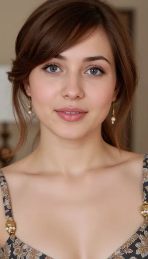 A stunning close-up of a pakistani actress wearing elegant makeup. The woman's light tan skin is smooth and flawless. Her light brown hair has a slightly tousled, natural wave with a defined fringe that frames her face. Her eyes are a striking light blue color and her expression is serene and focused. She is wearing traditional Pakistani clothes. The pattern is a delicate floral print in a mix of dark gray, beige, and metallic gold/bronze tones, the pattern is subtle and not overwhelming.

The top has a slightly sheer, lacy texture. The straps of the dress are adorned with small, delicate, golden/bronze beads/stones. She has on gold/bronze-toned dangling earrings with small pearl-like accents.

The background is a soft, neutral color palette, a muted beige or light cream. The lighting in the room is soft and diffused, casting no harsh shadows and highlighting the woman's features beautifully. The overall aesthetic is elegant, natural, and luxurious.