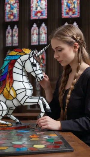 Half body view, A glassblower is sitting making stained glass at a table, ((she is picking up bits of glass, her glasswork on the table depicts a hald finished 3D majestic white and rainbow transparent stained glass unicorn)), building a masterpiece, (((holding pieces of stained glass))), ((middle ages clothing)), historical art, A woman facing and working on her artwork, Photorealism, ultra detail, inside a gothic cathedral that adorns her artwork within the stained glass windows, she has braided hair styled in the middle ages, Glowing, Stained, Glass, <lora:Glowing_Stained_Glass_XL-000016:.7>