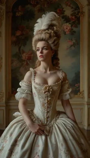 (Rude cavalier forces a frightened lady to kiss), "Rococo Cinderella as glamorous opera star", elaborate gown, huge rococo hair, head and shoulders portrait, 18th, century, corset, lingerie, <lora:rococo:.5>, AH_Fragonard, rococo, french, painting, <lora:293943_training_data:.8>, style, of, patten, Rococo, <lora:tbh356-sdxl:.8>