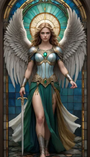 a majestic stone-framed church stained glass window, set against a subtle backdrop of muted blues and grays, depicting a powerful warrior angel with intricately detailed feathers in shades of emerald green, sapphire blue, and amber, wielding a sword of pure white light, with a determined expression on its serene, alabaster-skinned face, adorned with piercing emerald green eyes and golden hair that cascades down its back like a halo, surrounded by a halo of radiant, rainbow-colored light that filters through the glass, with subtle hints of crimson and gold accents throughout the window's design, and delicate, lace-like patterns etched into the lead framework that holds the glass pieces together.