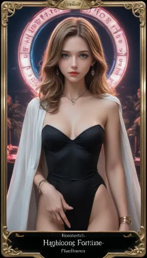 A captivating, sensual fortune teller adorned with neon-colored tarot cards, known as the 'Neon Tarot', which are illuminating the dimly-lit, mysterious atmosphere of her booth. She is dressed in an extremely revealing, tight-fitting, metallic fortune teller's cape that emphasizes her alluring silhouette. The cape, which reaches her ankles, is covered in shimmering sequins that reflect the vibrant light of the neon signs surrounding her. The woman's hair is a wild cascade of dark waves, with streaks of neon colors matching the palette of her tarot deck. Her eyes are heavily lined with glittering shadow that sparkles as she gazes intently at the cards spread out before her. Her full lips are painted in a vibrant shade of purple, and a small stud pierces one side of her nose. Above her, a large neon sign in the shape of a palm tree pulses with light, casting an otherworldly glow on her surroundings. The fortune teller's table is set with a velvet cloth, and various crystal balls, mystical charms, and tarot-themed accessories are scattered across it. Her hands, adorned with rings and bracelets, gracefully hover over the cards, revealing her long, manicured nails in matching neon colors. The background is a cacophony of neon lights, with the words 'Neon Tarot' flashing in pink and blue. The overall scene is a blend of futuristic glamour and timeless mysticism, drawing the viewer into a realm where the seductive and the supernatural coalesce.