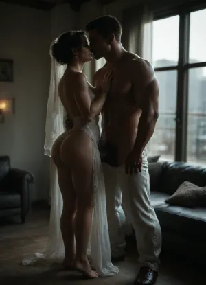 interracial, big black penis, a sensual scene in a dimly-lit modern loft apartment, (a beautiful Persian busty bride), in a silky white robe sitting on a dark leather couch, her black hair sleek and loose, ((a tall muscular Black man with an urban look stands near the bride and fuck her ass hard)), pain in her face, wet ass large black penis, cigarette in hand, watching them in silence — soft shadows, moody lighting, cinematic and emotionally charged atmosphere, ((white man in a white suit)), kissing the bride's belly as her cuckold husband



girl, love, 13th, floor, style, reij-snrs, light, and, shadow, by, <lora:dark:.4>, <lora:love:.4>, <lora:M05_Intensify:.5>, <lora:13th floor style:1>, <lora:sunriseSDXL-000009:.5>