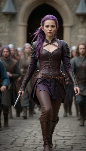 a beautiful hobbit thief in leather armor, ((((three feet tall)))), soft features, purple hair with a long ponytail. Armed with a short bow, she is running through the crowd in a medieval castle, big tits, boots with very high heels