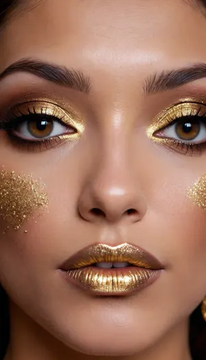Image is a high-resolution, close-up portrait of a person with a focus on makeup and accessories. The subject has a medium skin tone and is wearing elaborate, shimmering makeup. The eyes are adorned with metallic eyeshadow in shades of gold and bronze, with dramatic black eyeliner extending outward. The lips are glossy and painted in a deep, rich brown color.