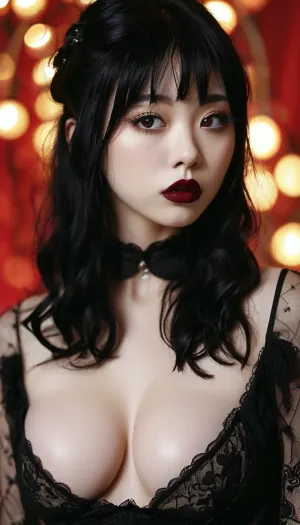gothic, goth, (asian), pale skin, dark black eyes, black hair, bangs hair, black eyeliner, (black lipstick), white skin, perfect eyes, small eyes, detailed eyes, small nose, good anatomy, ultra detailed, high resolution, fake breasts, slut face, whore, (ahegao:1), sexy posing, <lora:MJ52:.8>