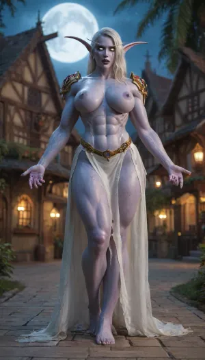 (world of warcraft night elf costume:1.4), wearing long translucent red mystic robes over her entire body, full view, all body, very tall lithe agile night elf woman with huge bolt-on tits and fit toned body, (ripped muscles:1.1), summoning magic from her hands, (animate a sorcery spell appearing from the palms of her hands:1.4), (dark blue skin:1.3), elf ears, yellow scleras, short messy white hair, sexy, (action shot stepping on a villager in a medieval fantasy town at night:1.3), moon