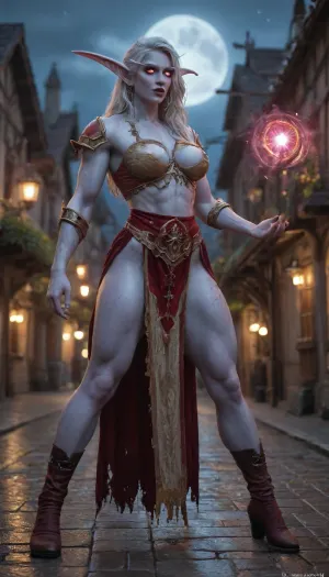 (world of warcraft night elf costume:1.4), wearing long red mystic robes over her entire body, full view, all body, very tall lithe agile night elf woman with huge bolt-on tits and fit toned body, (ripped muscles:1.1), summoning a magic ice bolt from her hands, (animate a sorcery spell appearing from the palms of her hands:1.2), (dark blue skin:1.2), elf ears, yellow scleras, moist skin, wet skin, recently rained outside, short messy white hair, sexy, (action shot in a medieval fantasy town at night:1.3), moon