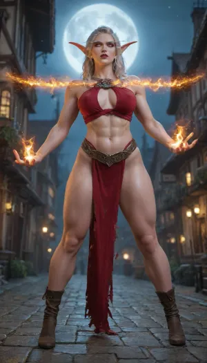 (world of warcraft night elf costume:1.4), wearing long red mystic robes over her entire body, full view, all body, very tall lithe agile night elf woman with huge bolt-on tits and fit toned body, (ripped muscles:1.1), summoning a magic ice bolt from her hands, (animate a sorcery spell appearing from the palms of her hands:1.2), dark blue skin, elf ears, yellow scleras, short messy white hair, sexy, (action shot in a medieval fantasy town at night:1.3), moon