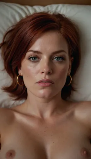 amateur style, (extremely detailed CG unity 8k), photorealistic, masterpiece, Intricate, High Detail, Sharp focus, dramatic.
Close up portrait, 35 year old, woman, lying back on a bed. Redhead hair, blunt Bob haircut. Gold hoop earrings. Looks annoyed, frowning, (cum covered, excessive cum on face, cum on tits, cumshot), detailed body, full body, nacked bidy. Detailed skin, detailed hair, black hair, detailed eyes, detailed lips. cumfacial55, cum, on, face, cumshot, cumfacial, facial, bimbolips, big, lips, huge, enormous