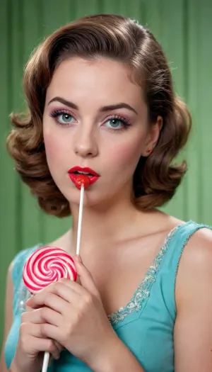 pouting young adult nymph with her lollipop, glossy, professional photoshoot for a magazine, 1950s hairstyle, sexually suggestive, vibrant colours, vintage magazine style