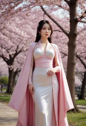 Beautiful chinese princess with a figure-hugging dress up to the neck, the enormously large breasts are very tight under the dress and stand out perfectly, and the hip curves are perfect, walking in a park full of cherry blossom trees., saint, wearing, cleric, robes, <lora:Saint XL:.8>