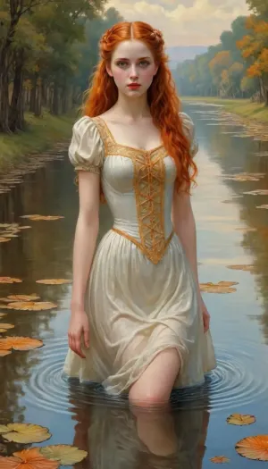 masterpiece, best quality, on the river bank, 1girl, solo, looking at viewer, long hair, ponytail, blue eyes, orange hair, very long hair, brown hair, magical girl, (style Michael Cheval:1.5), J.C., Leyendecker, Style, page, see, through, transparent, idol, dress, Reflections, <lora:J.C. Leyendecker Style:.8>, <lora:SDXL_Reflections_Sa_May:.8>