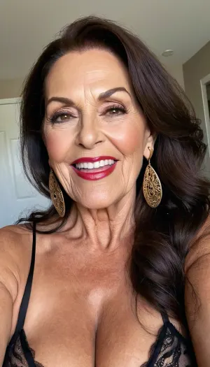 sexy granny mature, sexy 75 years old, dark brunette, long wave hair, chubby, tan skin, sexy naught smile orgasm face, naught sexy face, huge eyes, very pointed nose, tall, selfie, glamour, make up, lipstick, huge hoop earrings, necklace, black with gold long sleeve lingerie, very long face, narrow jaw, extreme huge long face