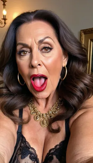 sexy granny mature, sexy 75 years old, dark brunette, long wave hair, chubby, tan skin, open mouth screaming orgasm face, huge eyes, very pointed nose, tall, selfie, glamour, make up, lipstick, huge hoop earrings, necklace, black with gold long sleeve lingerie, very long face, narrow jaw, extreme huge long face