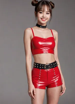 Beautiful Asian woman with a good figure, Smile happily, (Red patent leather crop top with black star details and cut-out sections.

Matching red high-waisted shorts with studded belts and buckles as accessories.

Fishnet tights underneath the shorts.

Red fingerless gloves on one hand.

Statement jewelry, including a layered choker-style necklace.

Hair styled in space buns, adding to the edgy, pop-star look.), sexy pose, lalisaxl, woman, bang, <lora:lalisaxl:.8>