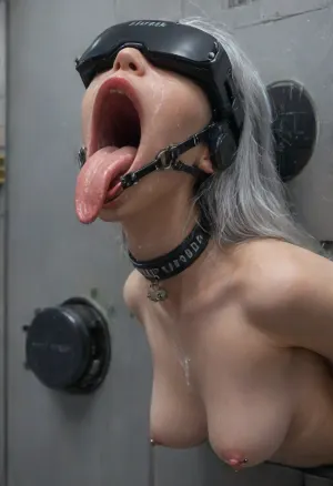 score_9, score_8_up, score_7_up, score_6_up, 1 woman, (electronic laboratory, hi-tech sci-fi laboratory:1.3), (very top side view:1.5), (very beautiful 18 years old Ukrainian model cutie:1.4), (((lower body hidden into bdsm machine:1.7))), ((stucks through robotic wall:1.7)), ((upper body is hanging out of comfortable bdsm machine from waist up:1.7)), (arms hidden back into machine:1.5), (leaning forward body:1.5), (only head with breasts visible:1.7), mounted in machine, (wide mouth spreader ring gag:1.7), ((close-up focus at very opened mouth:1.7)), (long straight silver hair:1.5), (very beautiful narrow face:1.5), (light lips:1.3), (black VR headset cover eyes:1.4), (tongue rounded at the end:1.7), (light pink long very flat wide tongue hanging down:1.7), (a lot of liquid semen flows out of mouth:1.7), (semen on face:1.4), (semen on breasts:1.4), (semen on VR set:1.3), (futuristic massive collar:1.6), (erect nipples:1.2), (nipple piercings:1.3), (naked bolt on tits:1.5), (firm perky fake implanted flat small breasts:1.6), (dark skin:1.4), (narrow cheekbones:1.2), (stunning:1.2), (barcode on boob:1.5), (semen everywhere near head:1.1), (very wide neck:1.6), tattoos, (tall:1.3), (very small areolas:1.3), (small nipples:1.3), (extremely gorgeous:1.3), (slim perfect athletic fit body:1.4), (sexy:1.4), (slightly satisfied), (lot of holographic data monitors and devices on wall), (perfect composition of lights and shadows:1.1), (tattooed oiled body:1.3), (tattooed arms:1.3), (masterpiece:1.3), professional colored photography, raytracing, highres