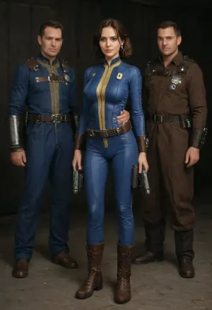 Beautyfull girl from the videogame Fallout with brown hair, talk to four people around her, (four man living in vault all dressing vault-tec suit, perfect face, perfect eye, perfect body, good proportions), blue eyes, perfect face with clean skin, (big breasts), slender, slim body, view full body, vault-tec 19 blue tight suit latex with hinge lowered to half, brown leather gloves, brown leather boots, gun belt, it's in a relaxed pose, (and it's in a post atomic vault-tec background along), wearing, a, Vault, Suit, with, Leather, Armor, and, PipBoy, on, her, wrist, his, vltdr, FalloutCinematic, <lora:312968_training_data:1>, <lora:459405_training_data:1.7>, <lora:FalloutCinematic:1.2>