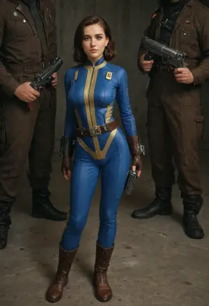 Beautyfull girl from the videogame Fallout with brown hair, (talk to four people around her having dick erections under the fabric of the suit:1.2), (four man living in vault all dressing vault-tec suit, perfect face, perfect eye, perfect body, good proportions), blue eyes, perfect face with clean skin, (big breasts), slender, slim body, sexy expressions, view full body, vault-tec 19 blue tight suit latex with hinge lowered to half, brown leather gloves, brown leather boots, gun belt, it's in a relaxed pose, (and it's in a post atomic vault-tec background along), wearing, a, Vault, Suit, with, Leather, Armor, and, PipBoy, on, her, wrist, his, vltdr, FalloutCinematic, <lora:312968_training_data:1>, <lora:459405_training_data:1.7>, <lora:FalloutCinematic:1.2>