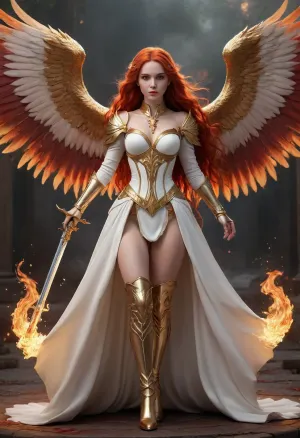 Full body, Talene, resurging flame, (AFK_Journey), angel, obsidian finch, female, mage, fire magic, elegant, radiant, caring, kind, extremely long fire red hair, pale skin, white dress with feather motif and gold accents, white thigh high boots with gold accents, white sleeved gloves that go to her elbows with gold accents, two pairs of fire red wings sprouting from her back, large sword with fire motif, phoenix aesthetic, celestial vibes