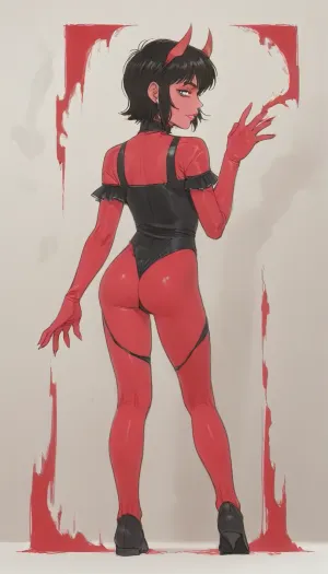 (back view), Mooning, (showing ass), (ratatatat74), 90s Anime, (Outline), (cartoon), tooned, 1girl, cartoon, low color palette, sexy, painted, illustration, made in adobe illustrator, no gradients, incase style, demon girl, evil smiling, full body, straight demon horns, sexy Fantasy outfit, slutty clothes, see through, revealing, emo and goth accessories, (thick hips), black hair, (red skin), Wide hips, makeup, thick eyebrows, eyeshadow, lips, simple abstract background, concept, big ass, art, by, syd, mead, retro, flat colors, (Perfect Hands), mooning, <lora:ratatatat74-000050:1.1>, <lora:outline_xl_kohaku_delta_spv5x:.5>, <lora:cartoon_stickers_xl_v1:.8>, <lora:NEOTOKIOXL_0.2_RC:.5>, <lora:mooningv2_SDXL:.3>