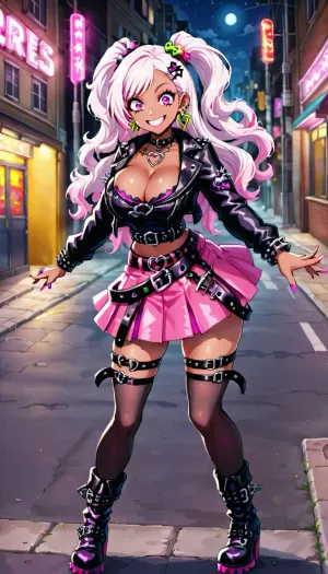 Street, night, neon, gyaru, gothic, smiling, excited, cleavage, white hair, long hair, pink skirt, (belts:1.5), black stockings, high boots, earrings, jewelry, hair ornaments