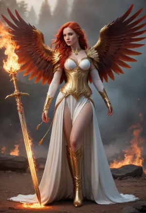 Full body, Talene, resurging flame, (AFK_Journey), angel, obsidian finch, female, mage, fire magic, elegant, radiant, caring, kind, extremely long fire red hair, pale skin, white dress with feather motif and gold accents, white thigh high boots with gold accents, white sleeved gloves that go to her elbows with gold accents, two sets of fire red wings sprouting from her back, large sword with fire motif, phoenix aesthetic, celestial vibes