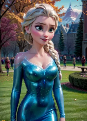 Elsa from Frozen is standing in a park, she is wearing a latex suit with a very deep neckline, she has large breasts, she is looking to the side, she is smiling shyly, <lora:princess_xl_v2:.8>