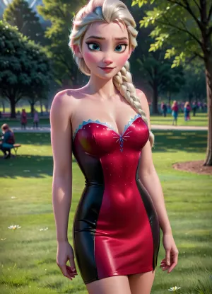 Elsa from Frozen is standing in a park, she is wearing a short red-black latex dress with a low clevage, she has large breasts, she is looking to the side, she is smiling shyly, <lora:princess_xl_v2:.8>, <lora:Backless_Latex_Dress:.8>