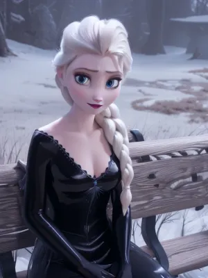 8k, highres, NSFW, 1girl, Elsa from Frozen is sitting on a bench, she is wearing a black latex suit with a low clevage, she has large breasts, she is looking to the side, felsa, outdoors, snow, forest, face the viewer, <lora:elsa5-real:1>