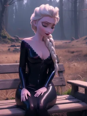 8k, highres, NSFW, 1girl, Elsa from Frozen is sitting on a bench, she is wearing a black latex suit with a low clevage, she has large breasts, she is looking to the side, felsa, outdoors, snow, forest, face the viewer, <lora:elsa5-real:1>