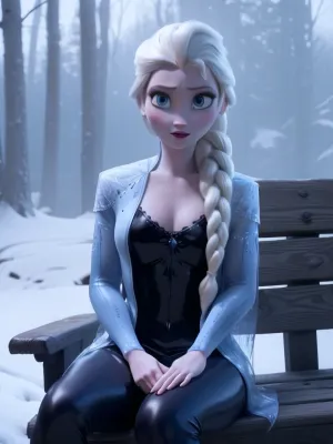 8k, highres, NSFW, 1girl, Elsa from Frozen is sitting on a bench, she is wearing a black latex suit with a low clevage, she has large breasts, she is looking to the side, felsa, outdoors, snow, forest, face the viewer, <lora:elsa5-real:1>
