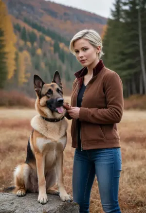 (masterpiece, best quality:1.2), 1 woman is swedish film character Rebecka Martinsson, blue jeans, (faded brown velvet troyer:1.4), outdoors, white blonde hair, bright ice blue eyes, short haircut with side parting, hair tucked behind ears, Standing in autumn swedish fjell landscape, photorealism, german shepherd is next to her, dog retrieves a stick, <lora:708827_training_data:.5>