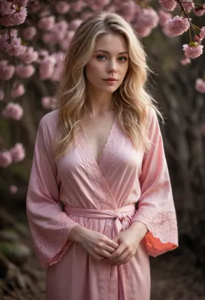 Enchantement éthéré

- Oui.

Une femme sensuelle aux cheveux blonds longs et sales se dresse sur fond d'arbres cerises sauvages en fleurs. Drapée d'une robe en dentelle japonaise, elle pose élégamment, la tête légèrement inclinée et introspective. La douce lueur rose-orange l'entoure, se mélangeant dans le fond texturé sombre.