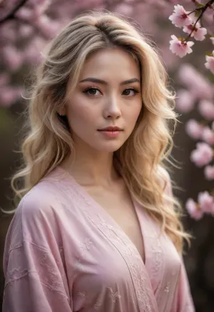 A sensual Japanese woman with mass of long blonde messy hair stands against a softly lit, dark textured background of blossoming wild-cherry tree. She is wearing a japanese lace robe that drapes loosely around her body. Oblong beautiful face, soft linę of jaw, blushing cheeks, large almond shape onyx eyes. Her pose is elegant and introspective, with her head slightly tilted down and side. Confident, yet vulnerable, dreamy. Slightly Blended with a soft pink-golden ambient light. Strong swirling star-shape bokeh. A butterfly sits on woman’s hand. Full body view, Waist shot.