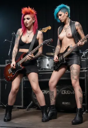 masterpiece, high quality, super detailed, high resolution, very realistic, with good lighting, 8k, youngs womens, (cute face:1.4), punk, mohawk, colored hair, (rock \ stage show:1.7), \, (two they play guitars, one plays a synthesizer, one sits at the drum kit:1.7), (huge naked tits:1.5), torn leather shorts, torn underpants and t-shirts, leather jacket, high leather shoes, rock mood, (tattoos:1.7), close-up
