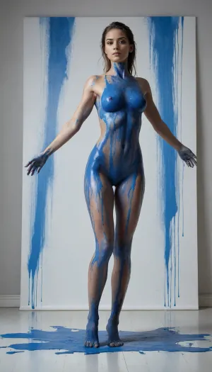 Full body, A striking, high–resolution photograph featuring a poised woman standing confidently in a minimalist studio with a neutral background, partially covered in glossy, dripping layers of vibrant blue paint. The paint flows down her body in abstract streaks, accentuating her natural curves and creating a dynamic contrast against her skin. Her graceful pose, with one arm raised and resting on her head, exudes elegance and strength, forming a captivating, statuesque silhouette. The smooth, minimalistic backdrop places all attention on her form, while a plastic sheet on the floor catches splatters of blue paint, adding a raw, textured element to the composition. Soft yet focused lighting casts natural highlights on her skin and subtle reflections on the glossy paint, enhancing the depth and boldness of the colors. The overall scene embodies a blend of modern art and raw sensuality, with an emphasis on the fluid motion of paint and the powerful presence of the subject