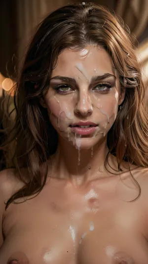cinematic, photography, queen, dark background, immersive, muted, deep cleavage, light brown hair, HD, skin pores, full lips, extreme mouth detail, realistic detailed skin, realistic skin, High Res, 4k, masterpiece, Ultra realistic, natural skin tone, high definition, high quality, realcumAI, cohf, face, covered, in, semen, woman, <lora:facialized:.5>, <lora:cohf:.5>