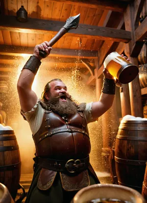dwarf, armor, axe, lots of beer, barrel, bar, carry barrel, orgy, drinking, (drunk:1.4), big wooden mug, (clink mugs:1.4), lord of the rings, brawl, fight for beer, (foam:1.3), (beer:1.3), rain, wet, spit, beer explosion, from below